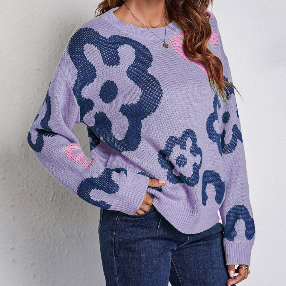 Funky Flower Knit Pullover Hippie Retro Daisy Long Sleeve Colorful Sweater Shirt